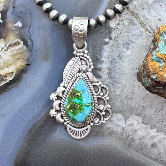 Sterling Southwestern Style Teardrop Sonora Gold Turquoise Decorated Pendant - Picture 1 of 10